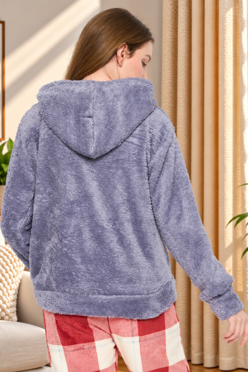 Women Solid Hooded Sherpa Fleece Sweatshirt