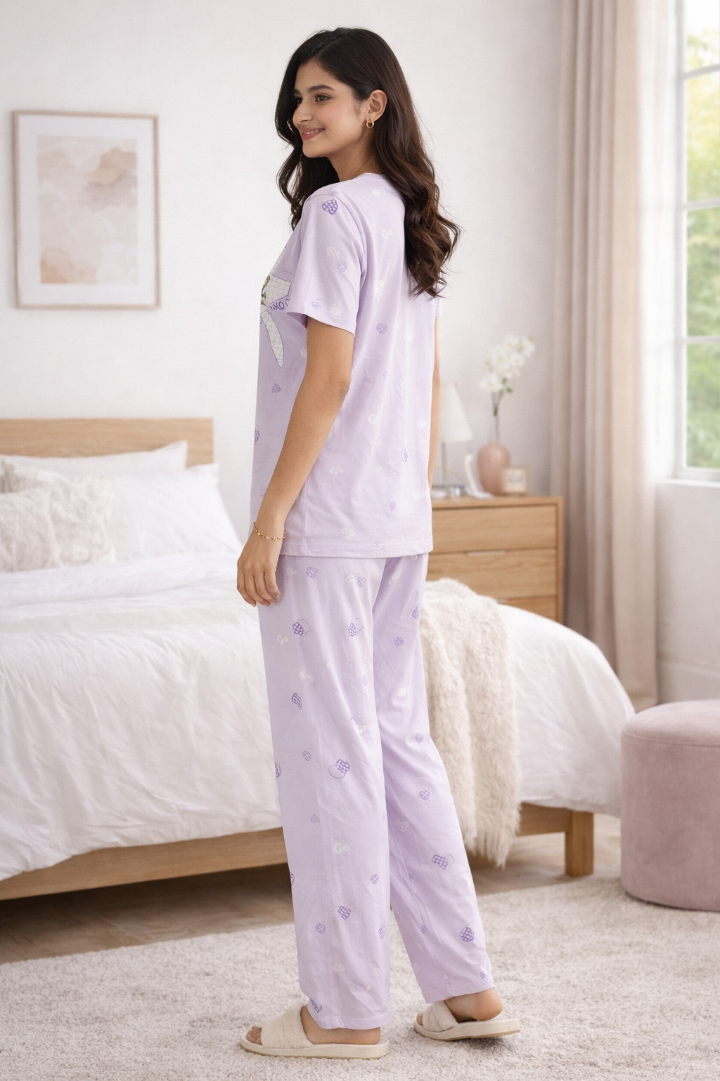 Women Viscose Pyjama Set Cute Prints Nightwear Soft Breathable Sleepwear Short Sleeve Top & Full Length Pajama Pants Lounge Set