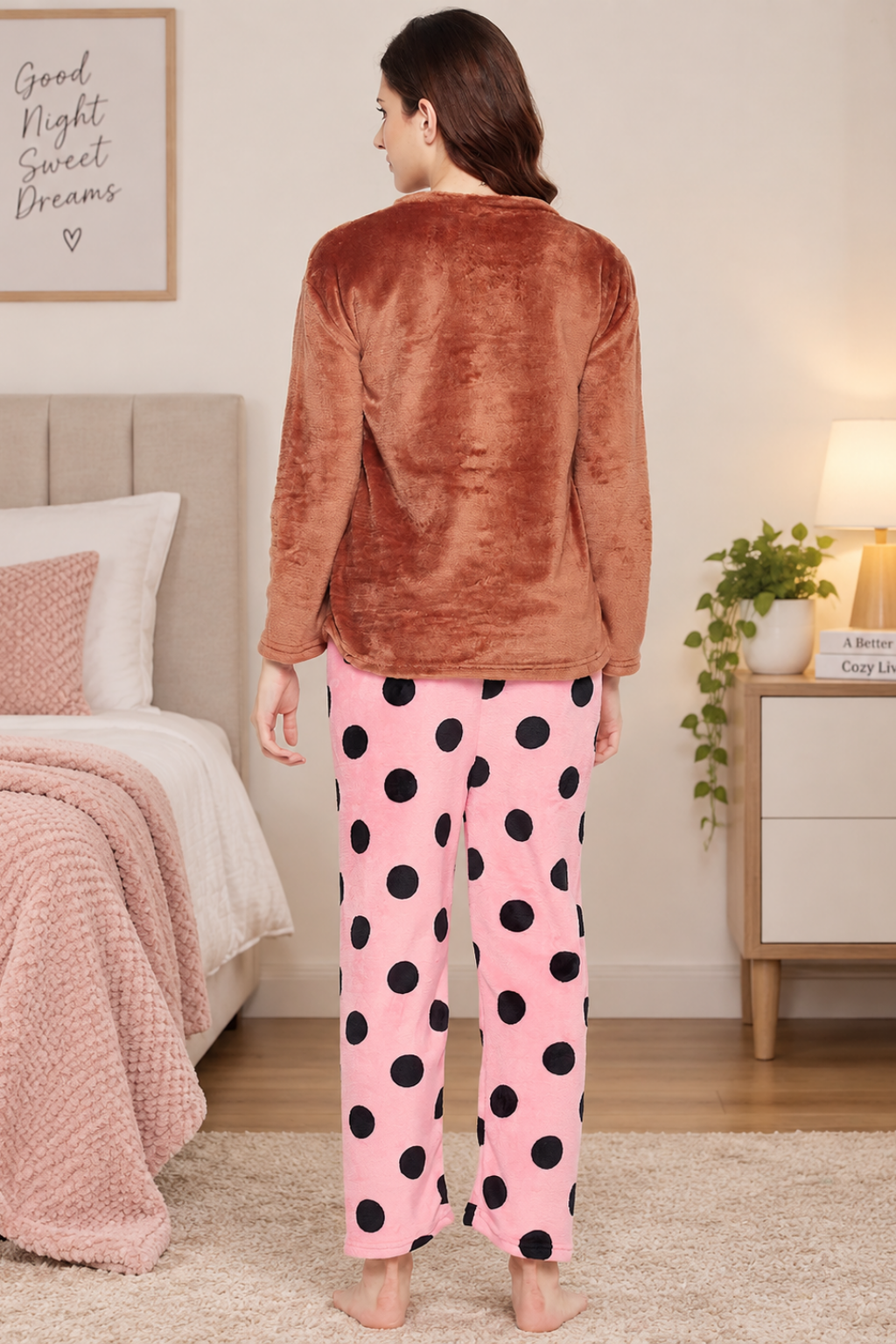 Women's Winter Full Sleeve Top and Pajama Pants Regular Fit Night Suit Round Collarless Top and Pyjama Set Ladies Night Dress