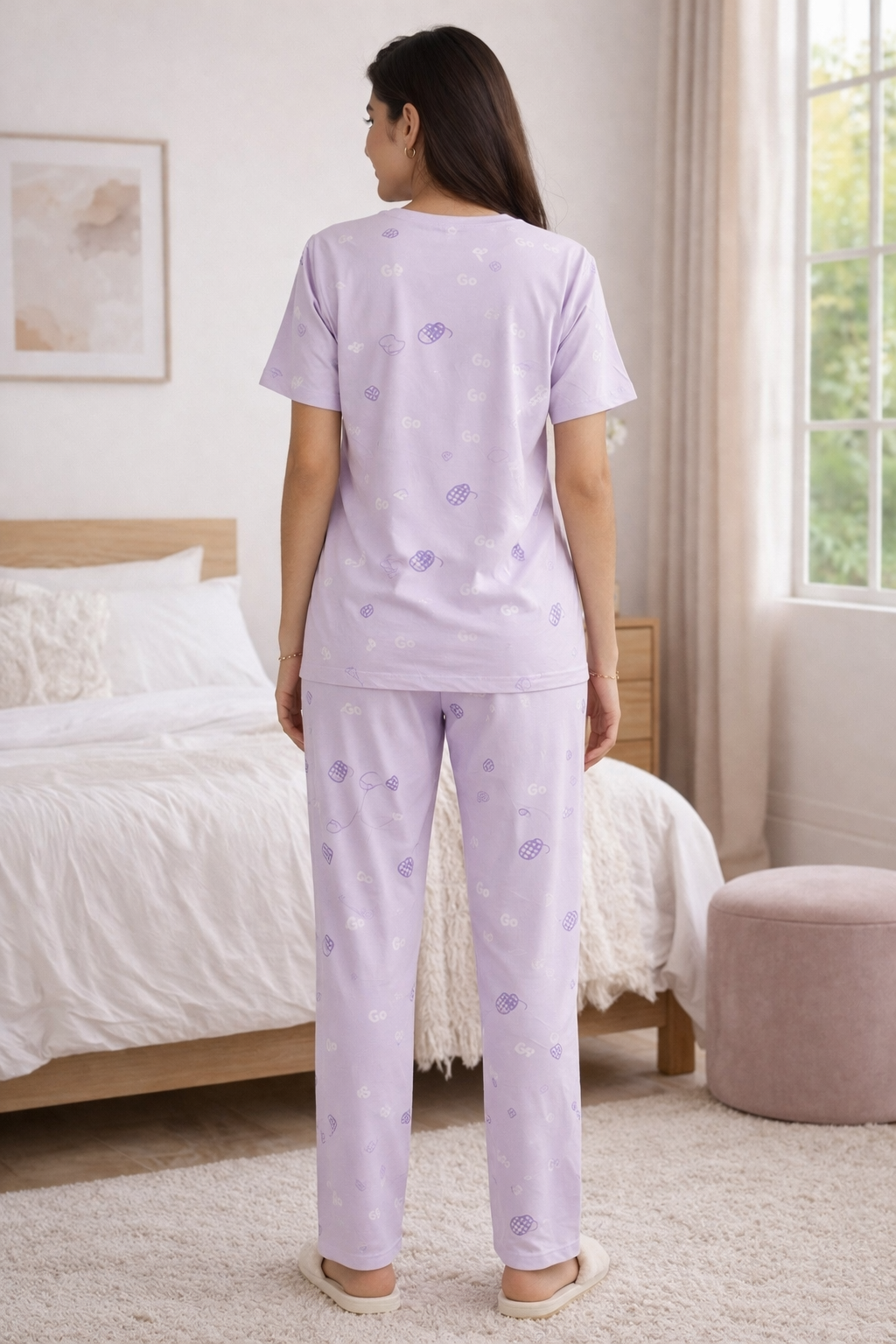 Women Viscose Pyjama Set Cute Prints Nightwear Soft Breathable Sleepwear Short Sleeve Top & Full Length Pajama Pants Lounge Set