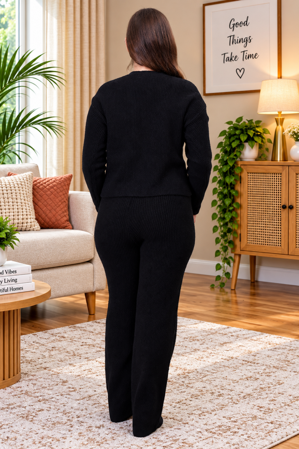 Women's Long Sleeve V-Neck Open Button woolen Black Co-Ord Set