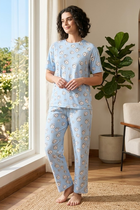 Camey Women Night Suit – Cute Bunny Print Soft Cotton Nightwear Set | Stylish Night Suit for Women