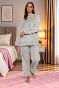 Women Embossed Full Sleeve Hooded Top and Pajama Pants with Pockets