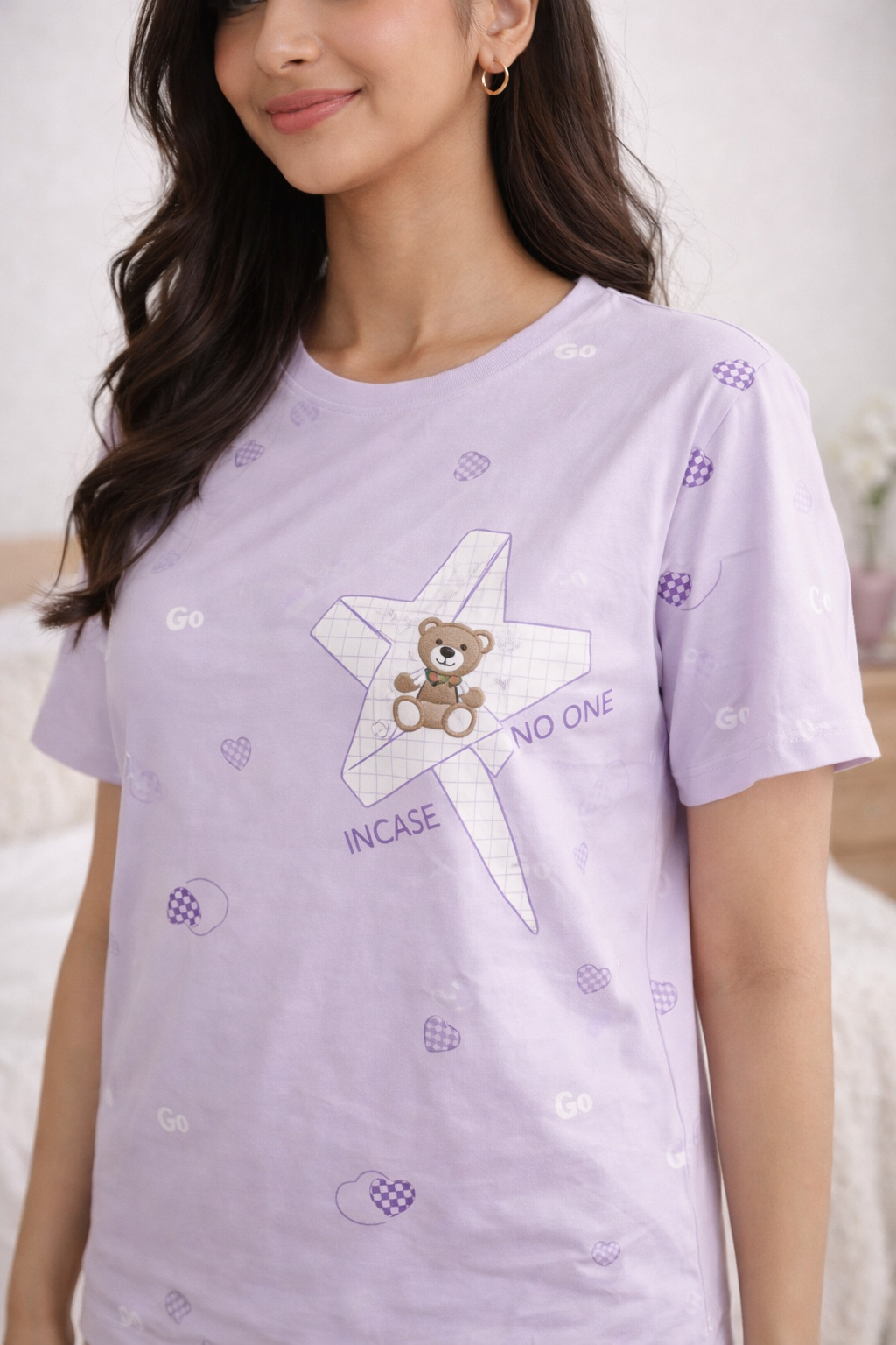 Women Viscose Pyjama Set Cute Prints Nightwear Soft Breathable Sleepwear Short Sleeve Top & Full Length Pajama Pants Lounge Set