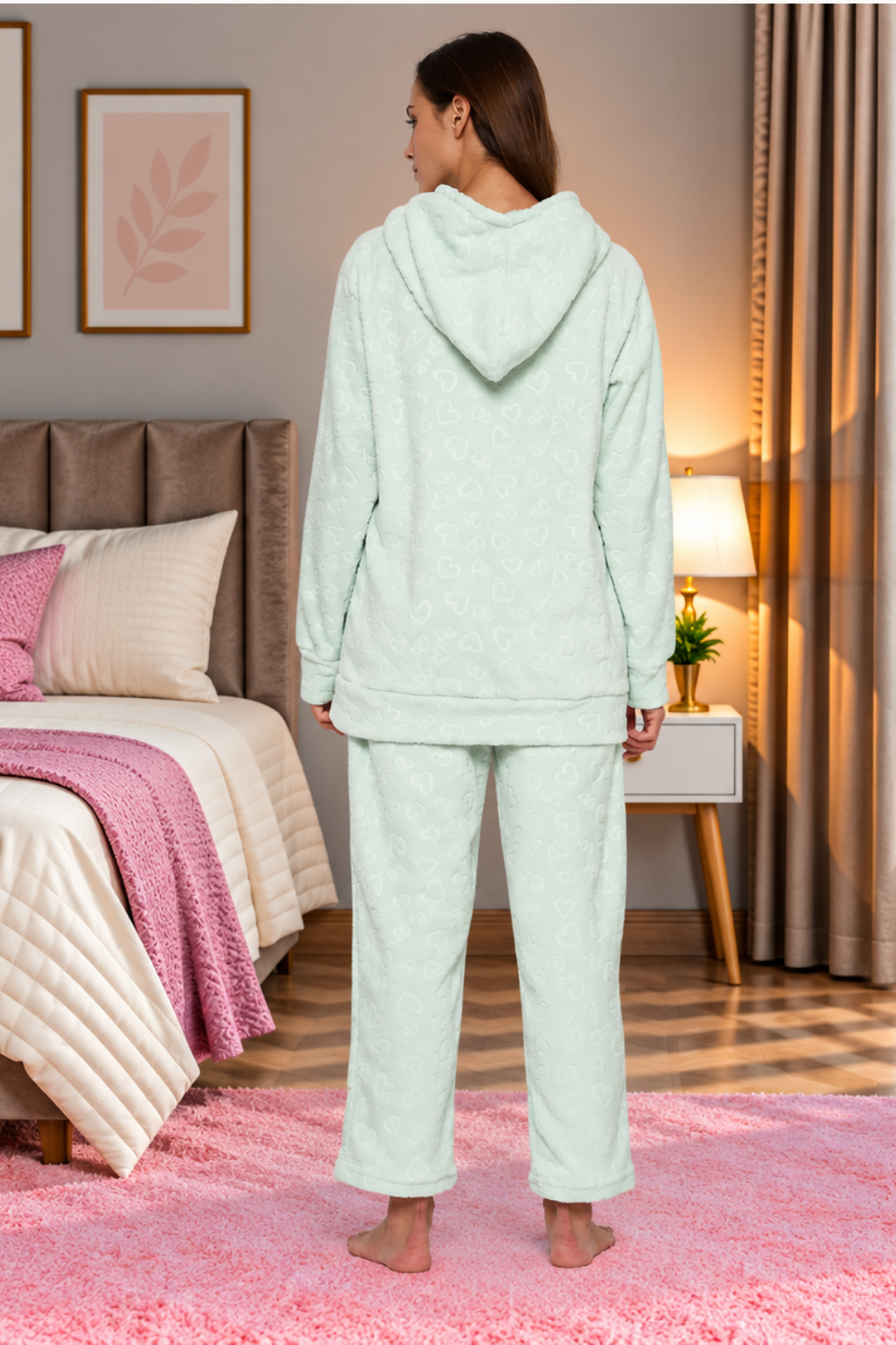 Women Embossed Full Sleeve Hooded Top and Pajama Pants with Pockets
