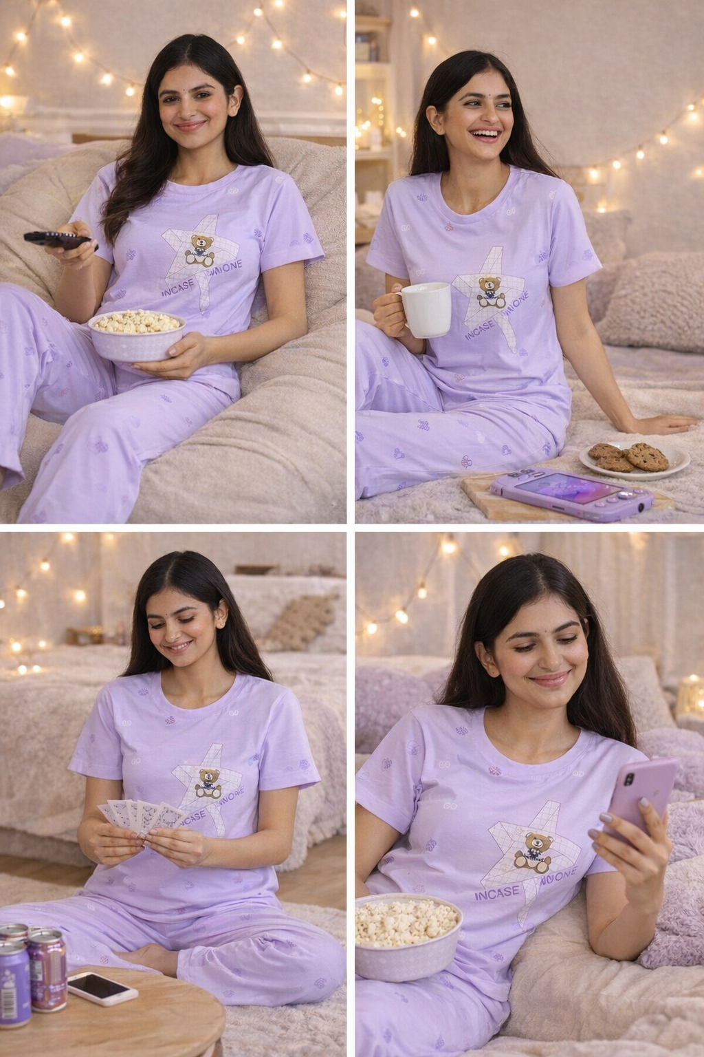 Women Viscose Pyjama Set Cute Prints Nightwear Soft Breathable Sleepwear Short Sleeve Top & Full Length Pajama Pants Lounge Set