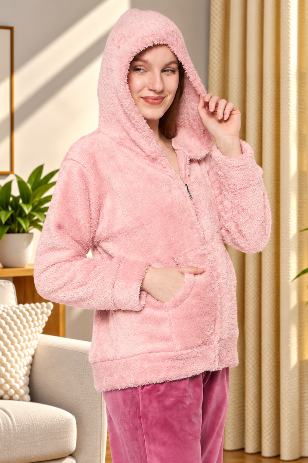 Women Solid Hooded Sherpa Fleece Sweatshirt