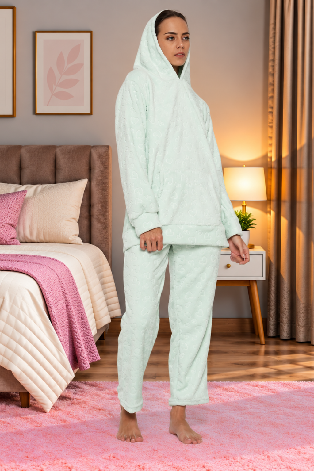 Women Embossed Full Sleeve Hooded Top and Pajama Pants with Pockets