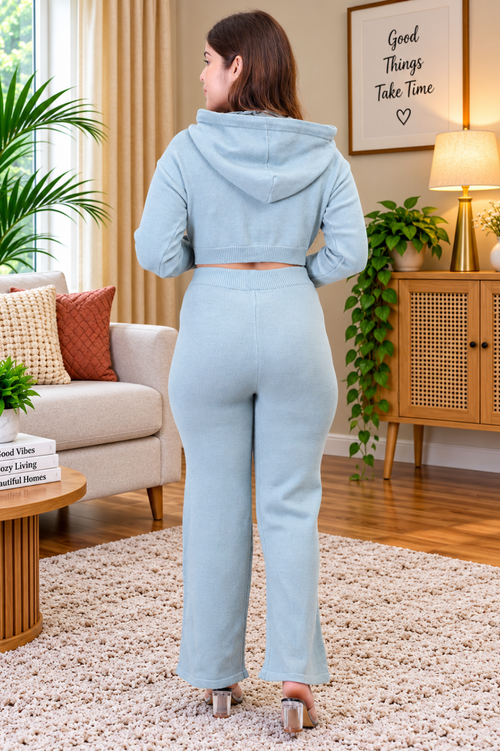 Women's Long Sleeve Hoody woolen Light Blue Co-Ord Set