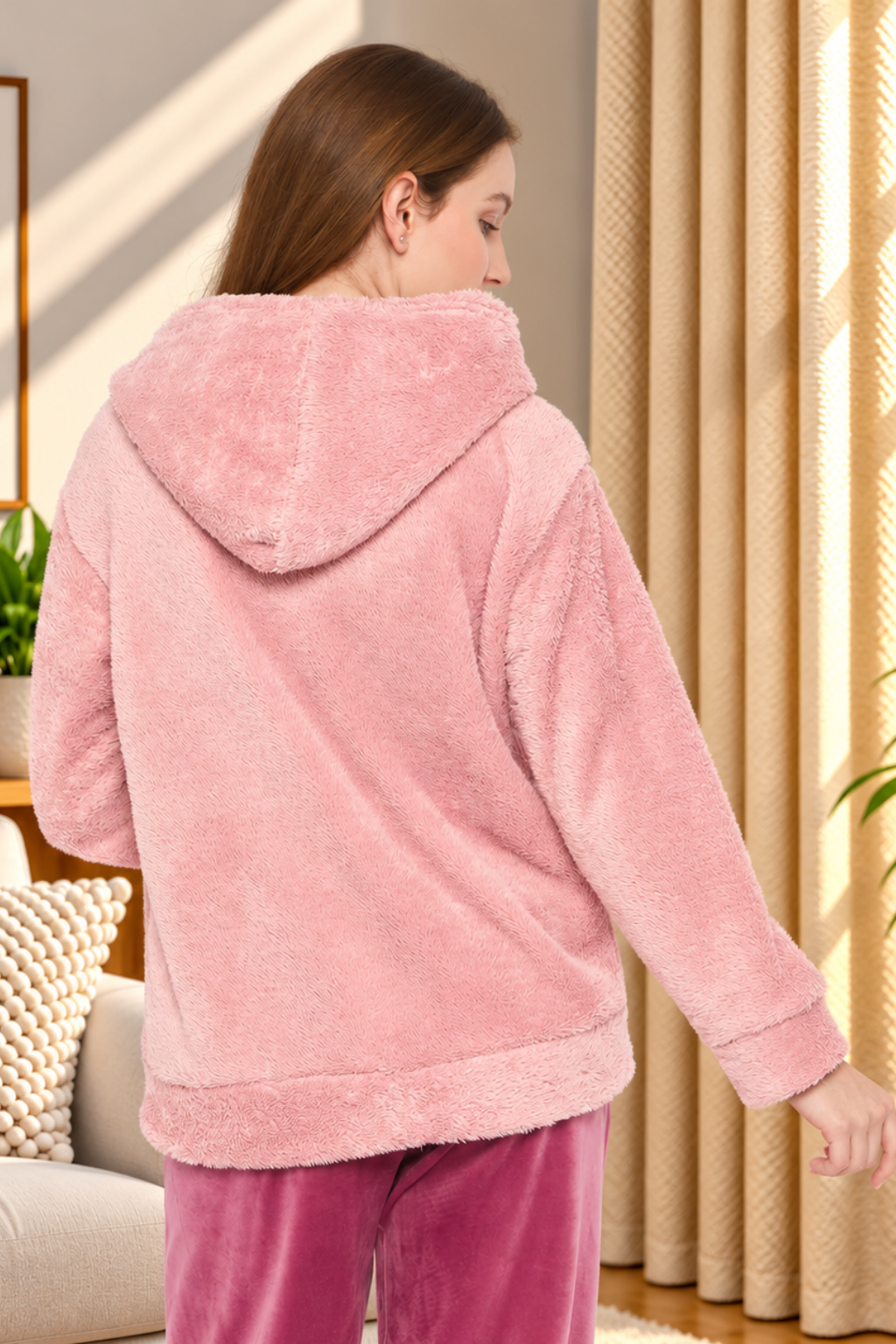 Women Solid Hooded Sherpa Fleece Sweatshirt