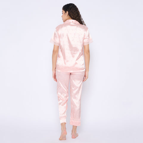 Women's Satin Pyjama Set, Short Sleeve Button-Down Shirt with Full Length Pyjama