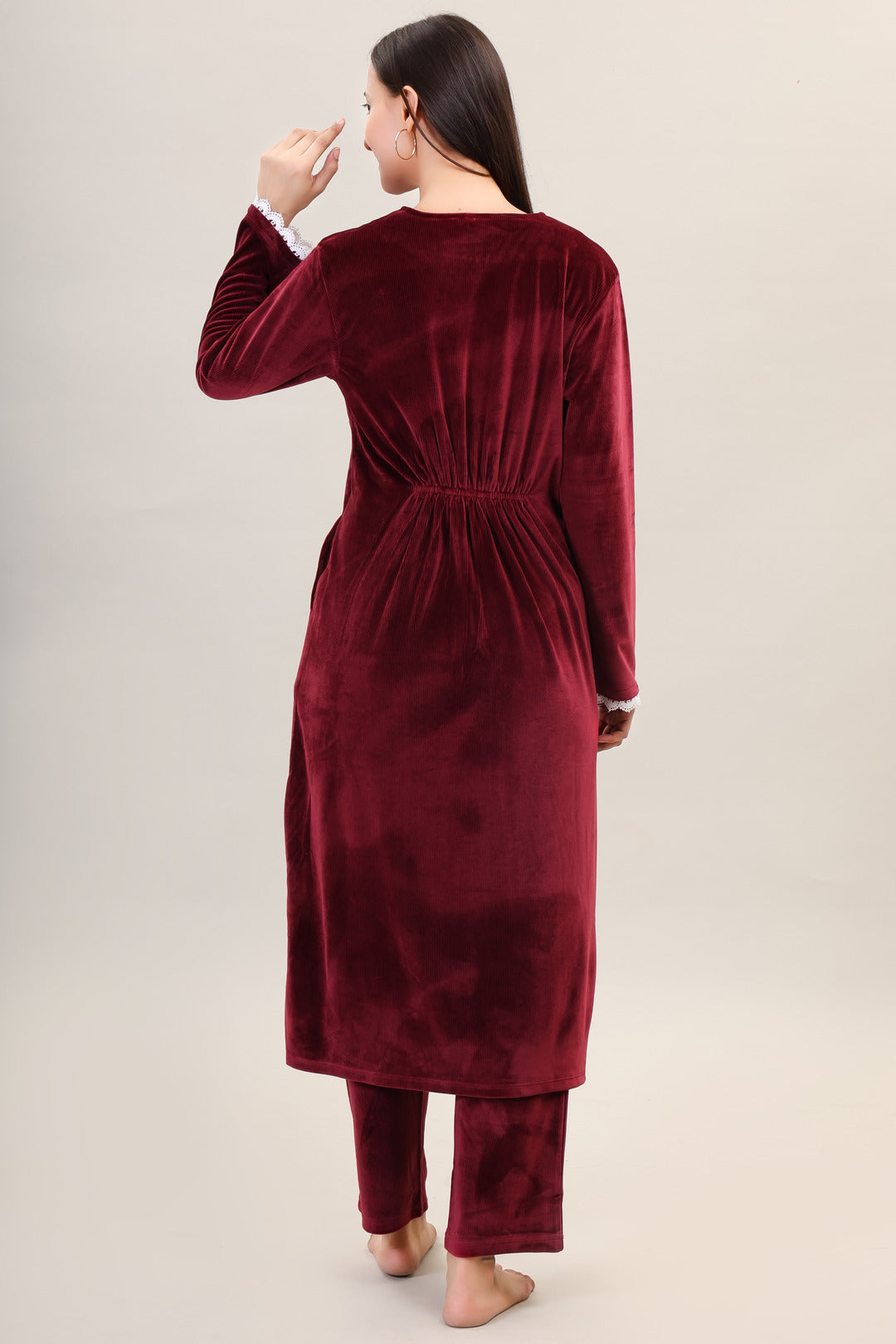 Women's Velvet Winter Corduroy Kurti Set, V-Neck, Long Sleeves (Red)