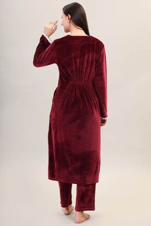 Women's Velvet Winter Corduroy Kurti Set, V-Neck, Long Sleeves (Red)