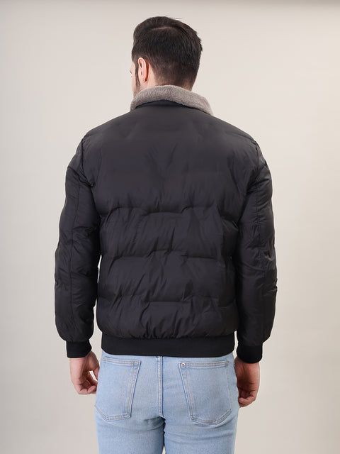 Black Spread Collar Puffer Jacket for Mens