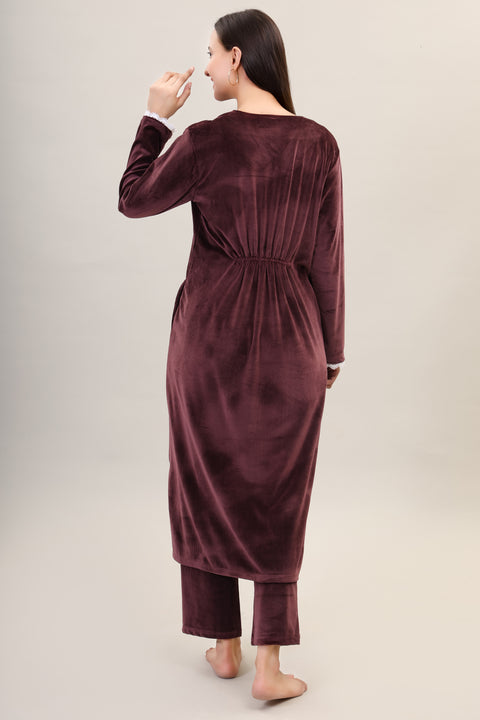 Women's Velvet Winter Corduroy Kurti Set, V-Neck, Long Sleeves (Brown)