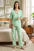 Women Night Suit Mint Green Printed Co-Ord Pyjama Set | Soft Comfortable Night Suit
