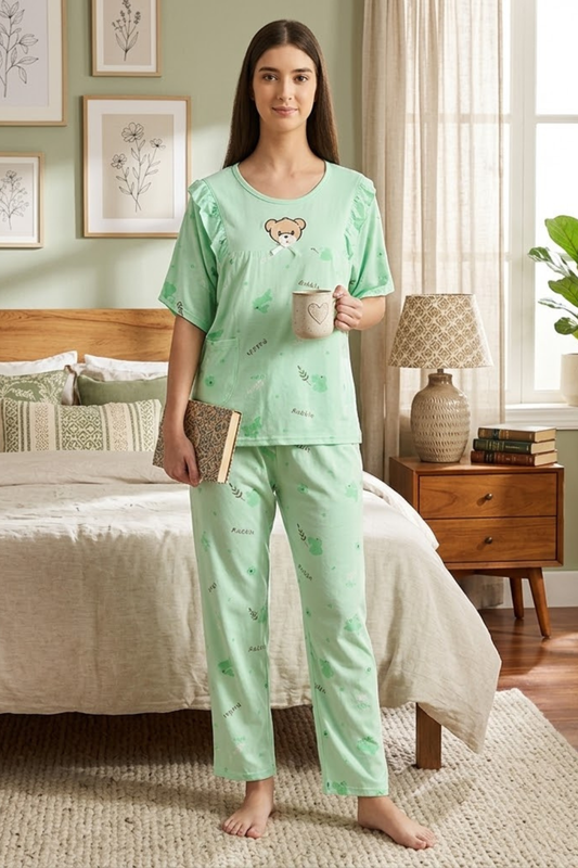 Women Night Suit Mint Green Printed Co-Ord Pyjama Set | Soft Comfortable Night Suit