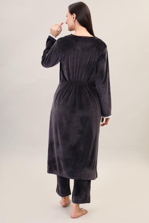 Women's Velvet Winter Corduroy Kurti Set, V-Neck, Long Sleeves (Black)