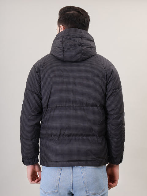 Black Stand Collar with hood Puffer Jacket for Mens