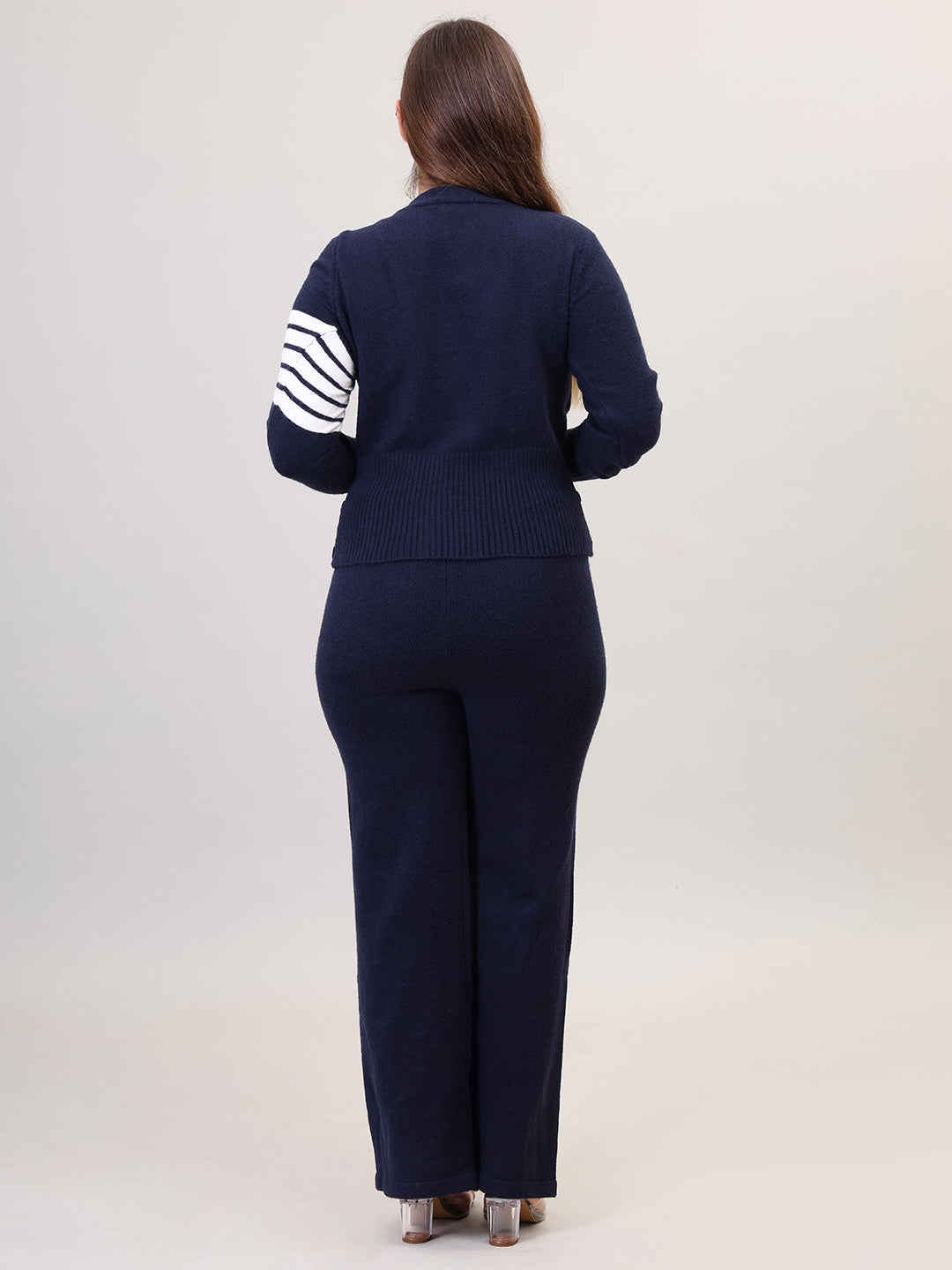 Women's Long Sleeve V-Neck open Button woolen Navy Co-Ord Set