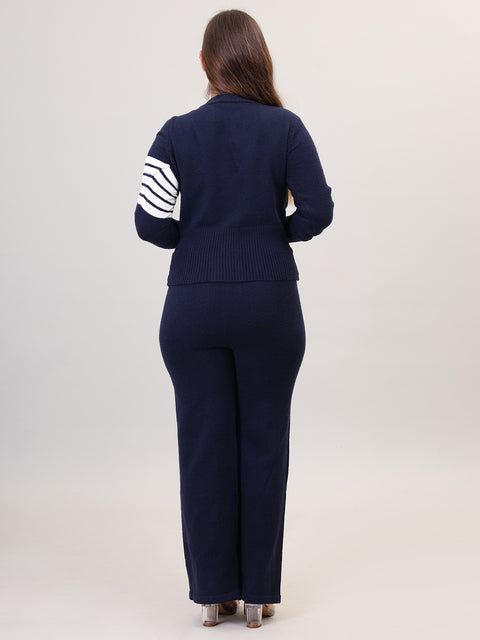 Women's Long Sleeve V-Neck open Button woolen Navy Co-Ord Set
