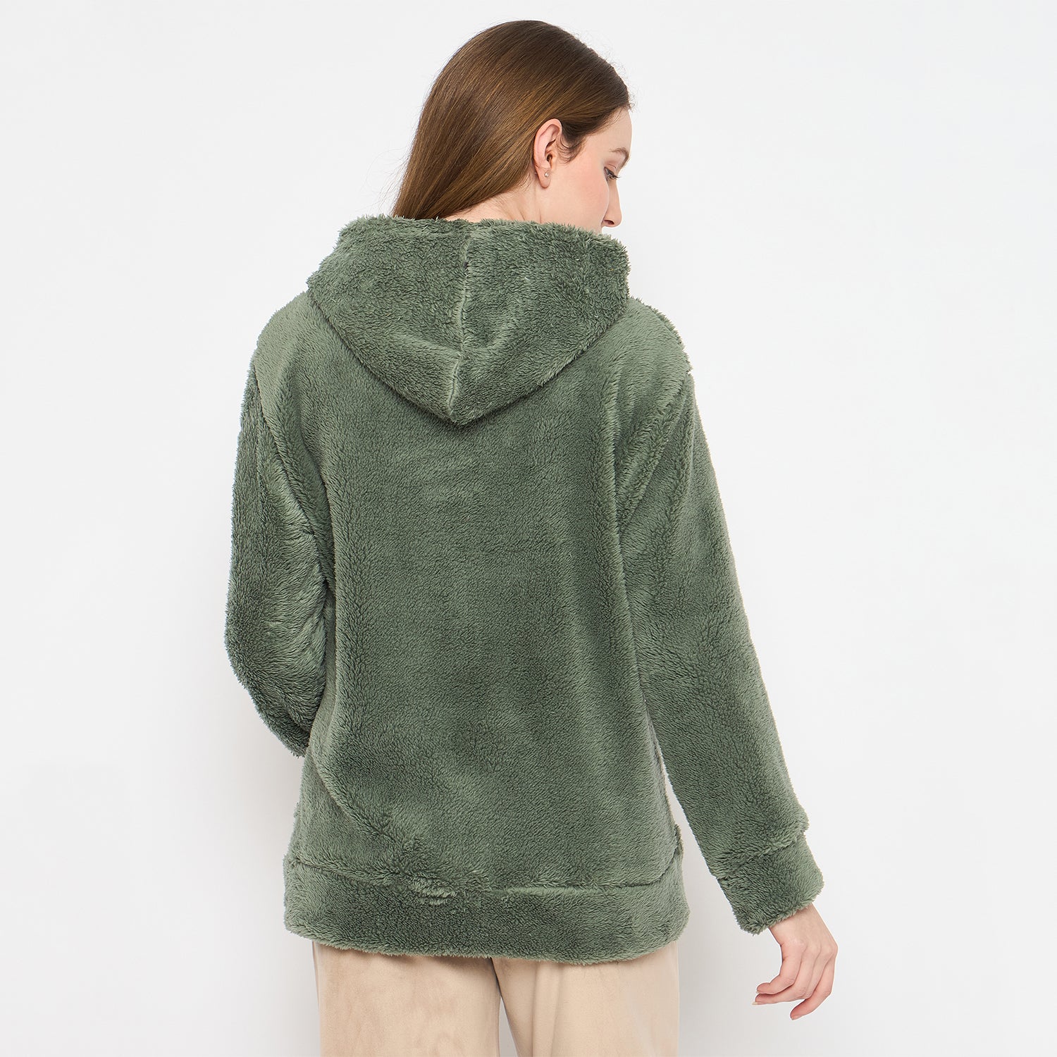 Women Solid Hooded Sherpa Fleece Sweatshirt