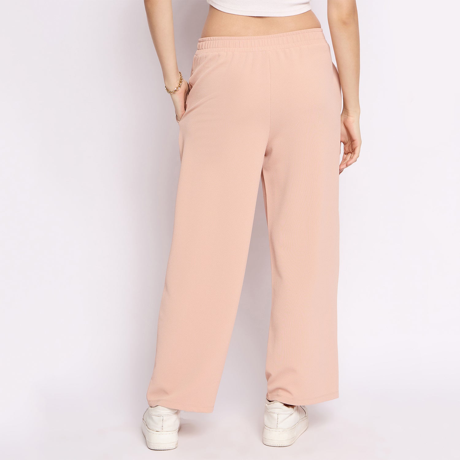 Women's Palazzo Pants with Pockets, Wide Leg, Ribbed Pattern, Elastic Waistband, Pink
