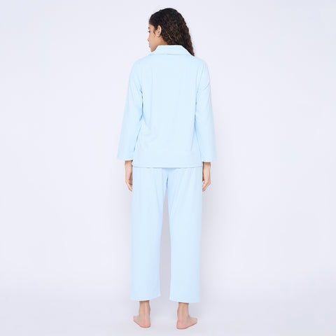 Women's Cotton Pyjama Set, Long Sleeve Button-Down Top with Pants, Sleepwear, Blue