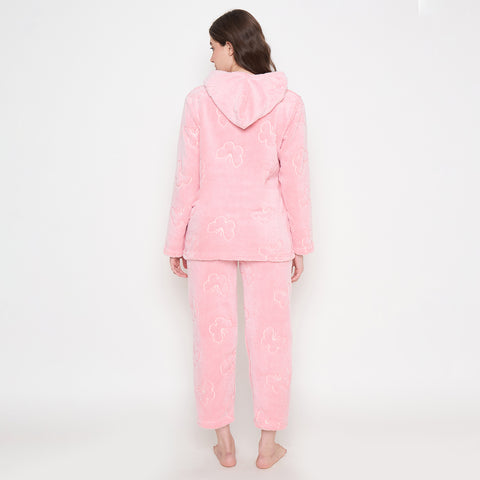 Women's Winter Glow in Dark Printed Full Sleeve Hooded Top, Pajama Pants with Pockets