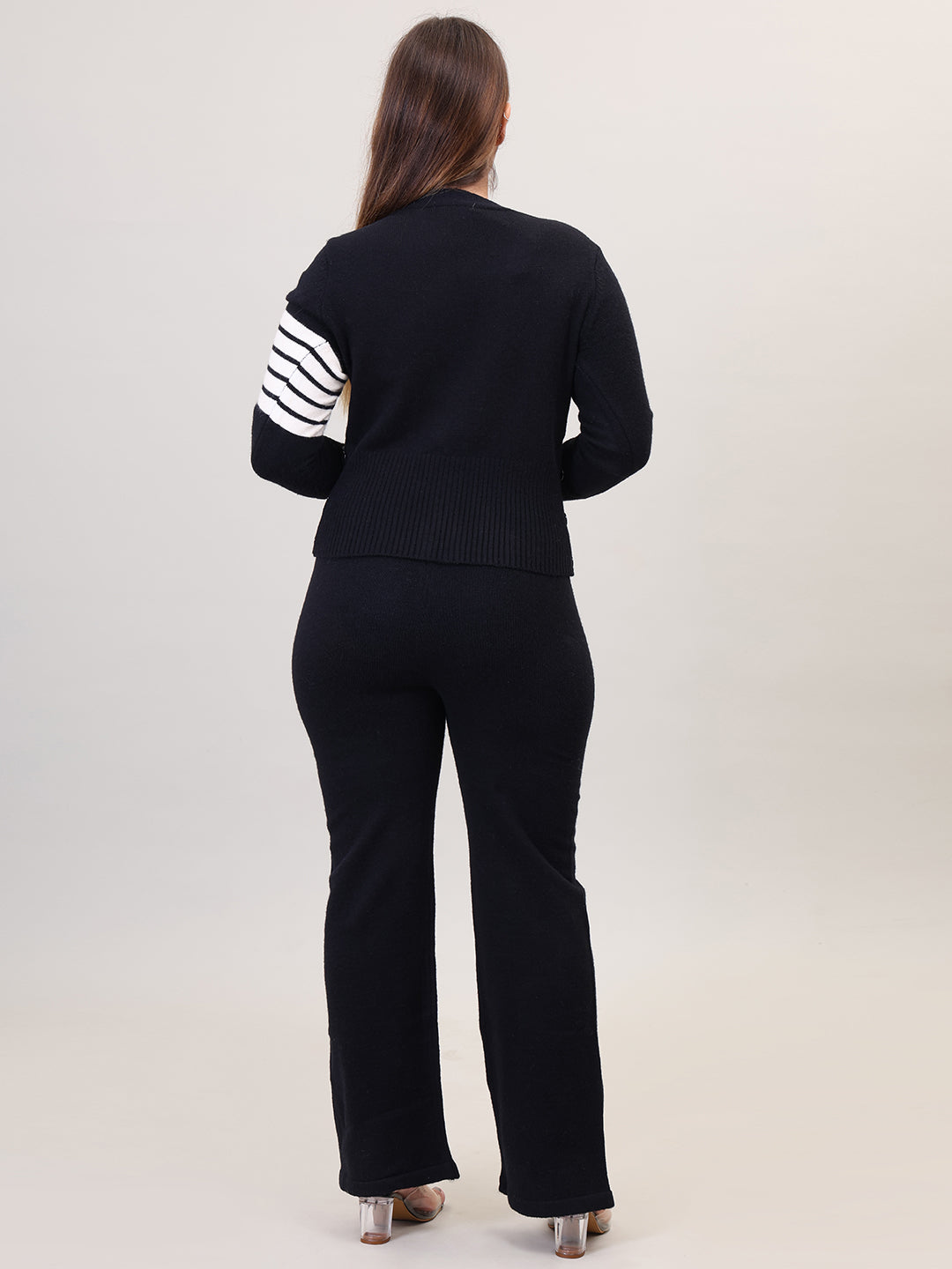 Women's Long Sleeve V-Neck open Button woolen Black Co-Ord Set