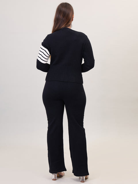 Women's Long Sleeve V-Neck open Button woolen Black Co-Ord Set