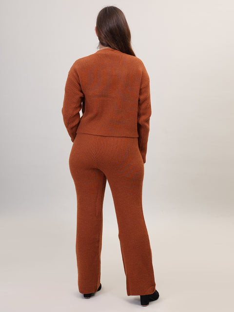 Women's Long Sleeve V-Neck Open Button woolen Brown Co-Ord Set