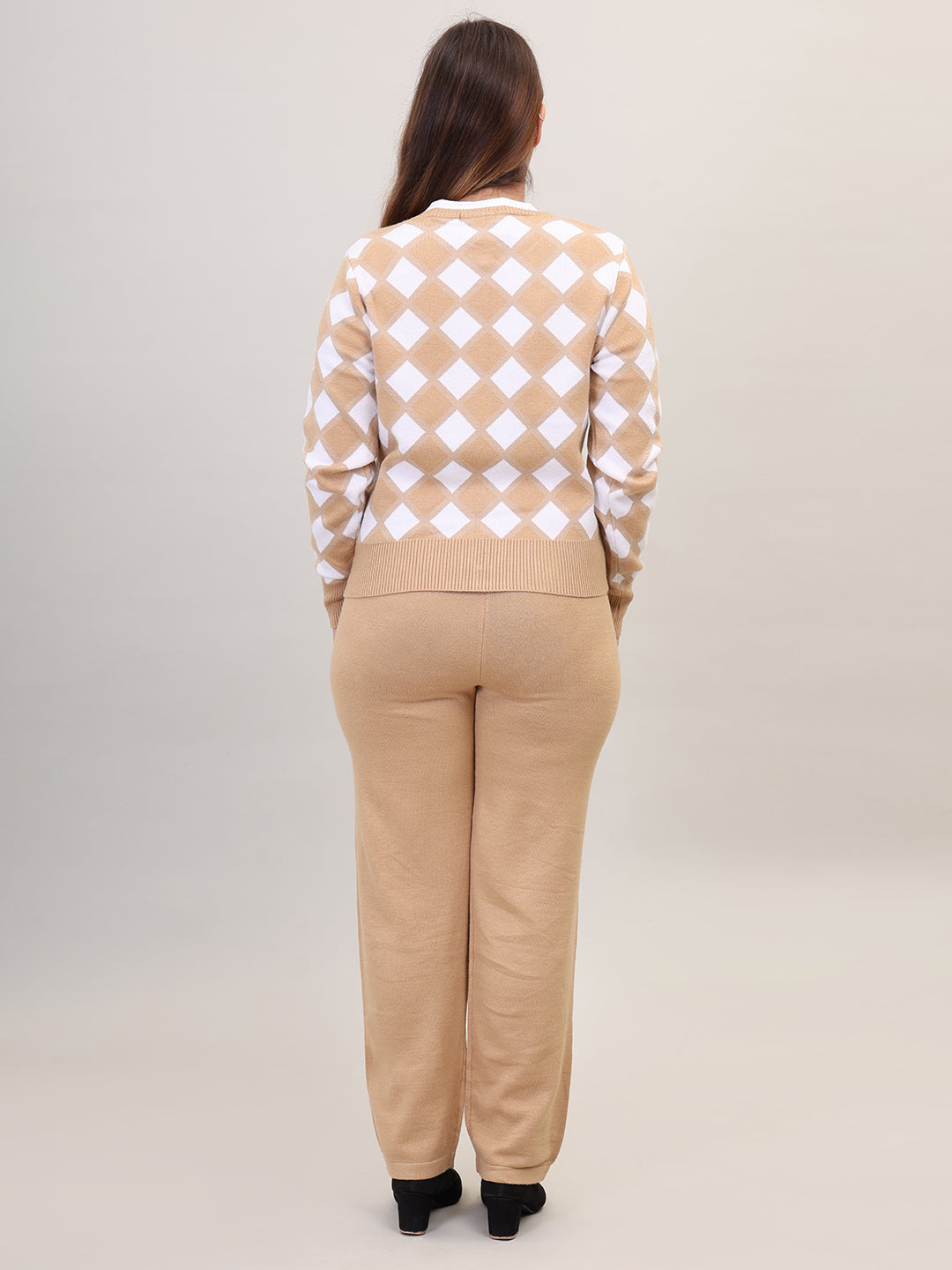 Women's Long Sleeve Round Neck Open Button woolen Beige Co-Ord Set