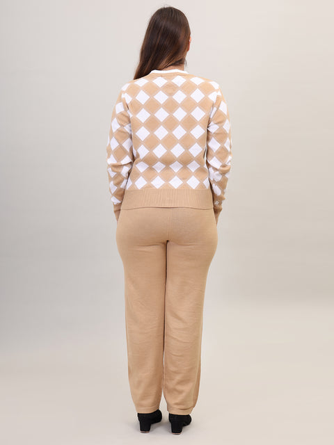 Women's Long Sleeve Round Neck Open Button woolen Beige Co-Ord Set