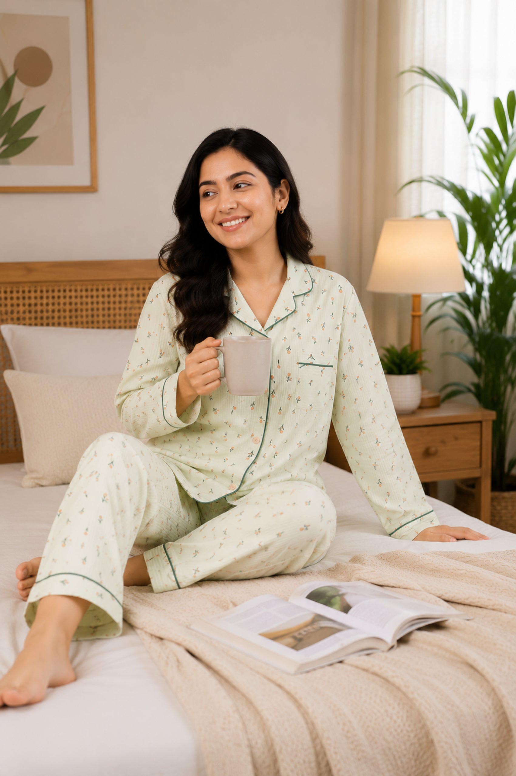 Women Night Suit Cotton Muslin Pyjama Set | Soft Printed Full Sleeve Sleepwear
