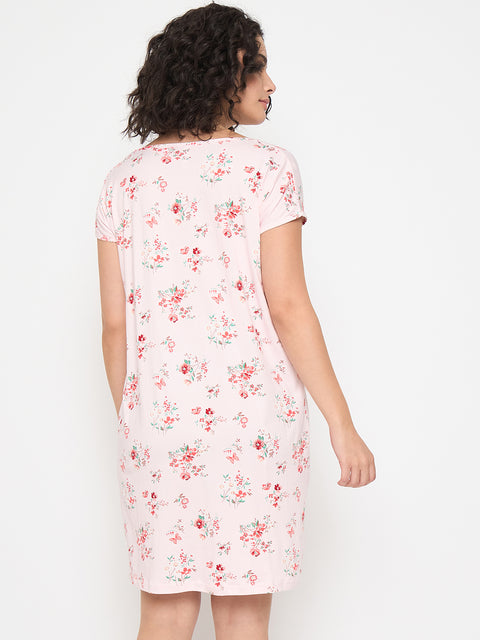 Women's Printed Nightgown, Short Sleeve Sleep Dress, Short Length, Short Nighty, Pink Red