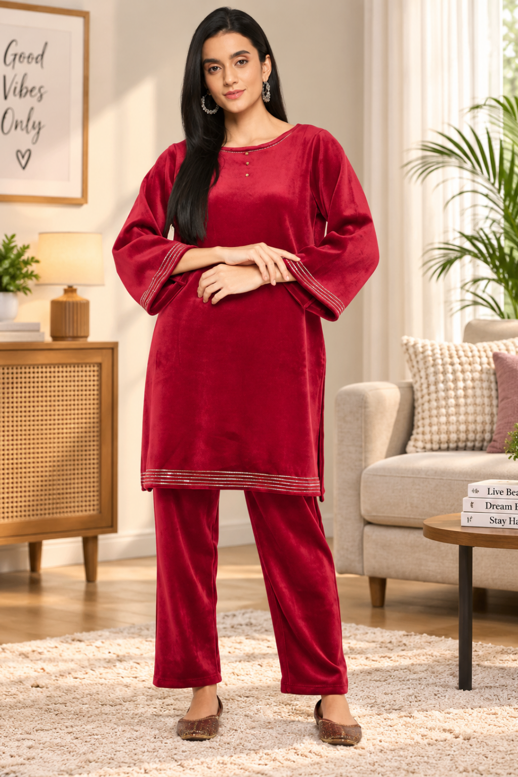 Women's Velvet Winter Kurti Set, Long Sleeves|Winter Velvet Kurti & Pajama Set