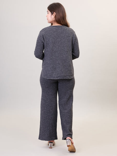 Women's Long Sleeve V-Neck woolen Dark Grey Co-Ord Set
