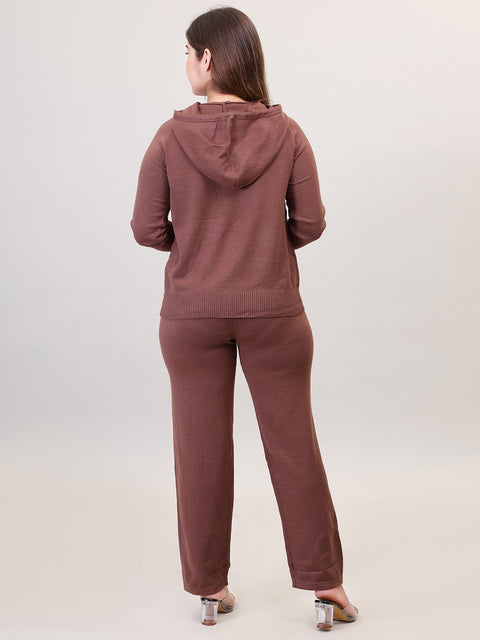 Women's Long Sleeve Zipper Hoody woolen Brown Co-Ord Set