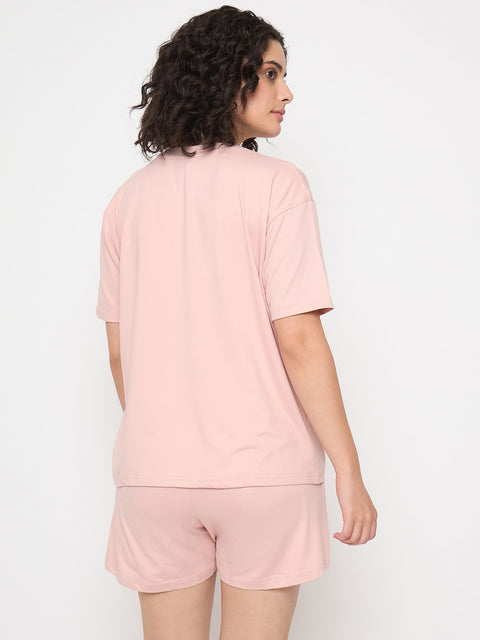 Women's Cotton Loungewear Set, Short Sleeve T-Shirt and Shorts, Pink