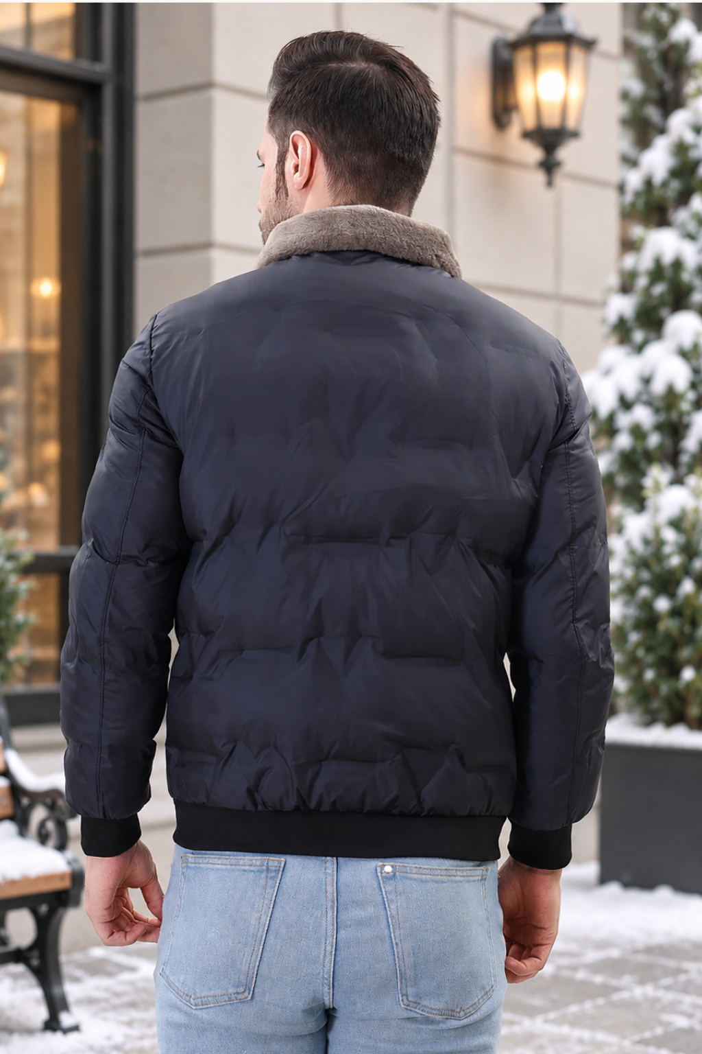 Navy Spread Collar Puffer Jacket for Mens