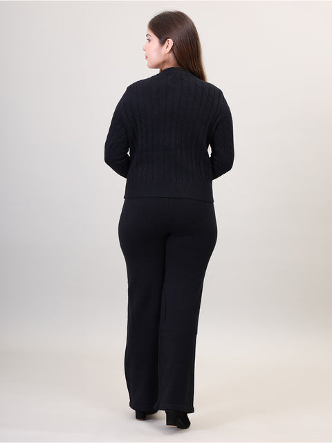 Women's Long Sleeve round neck woolen Co-Ord Set (Black)
