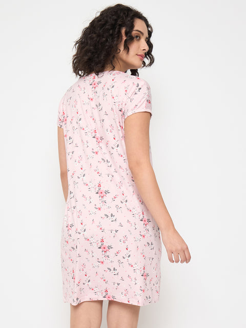 Women's Printed Nightgown, Short Sleeve Sleep Dress, Short Length, Short Nighty, Peach Red