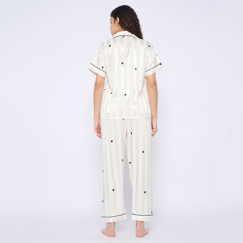 Women's Satin Pyjama Set, Short Sleeve Button-Down Shirt with Full Length Pyjama