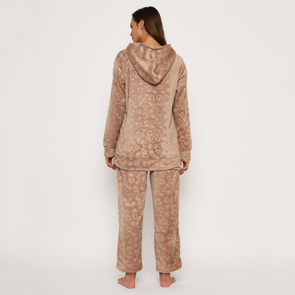 Women's Embossed Full Sleeve Hooded Top and Pajama Pants with Pockets