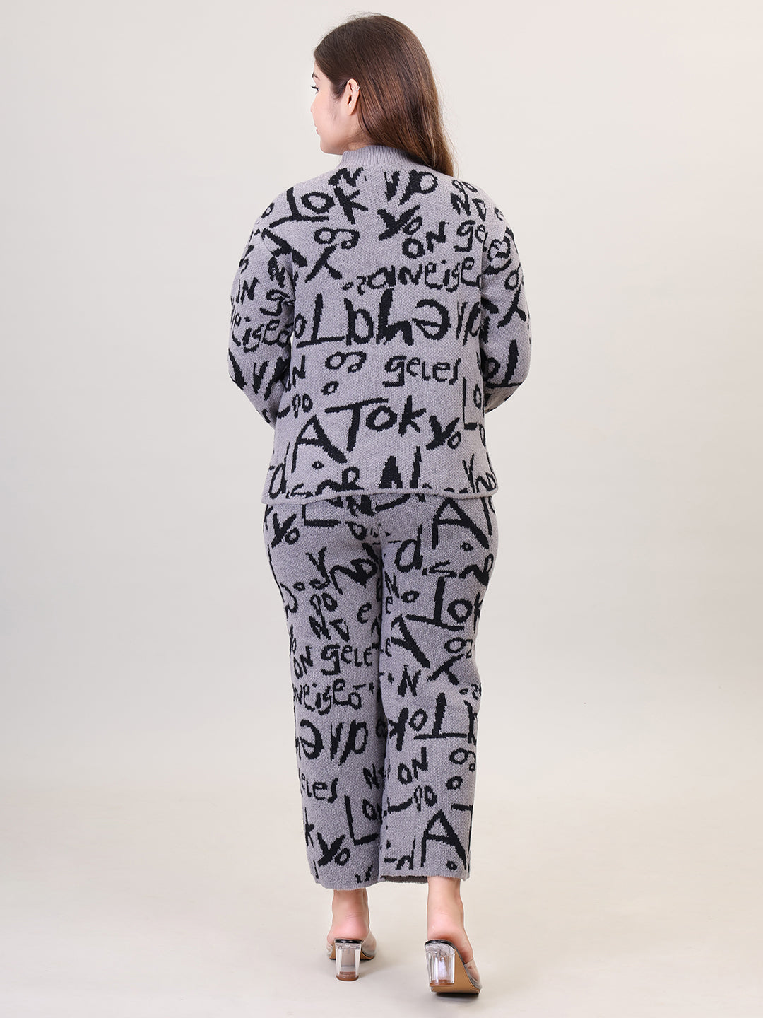 Women's Long Sleeve Round Neck woolen Grey Co-Ord Set