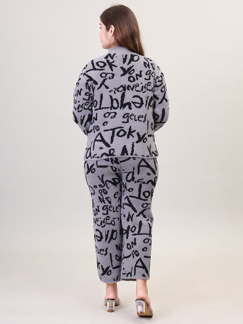 Women's Long Sleeve Round Neck woolen Grey Co-Ord Set