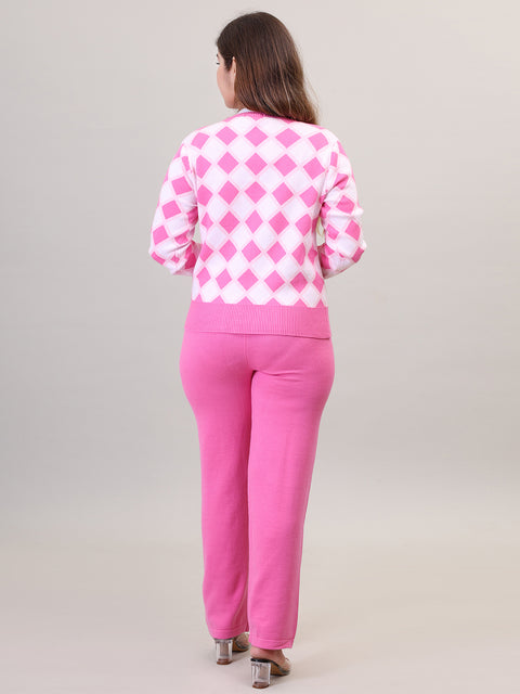 Women's Long Sleeve Round Neck Open Button woolen Pink Co-Ord Set
