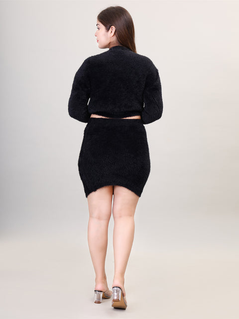 Women's Long Sleeve Round Neck woolen Black Skirt Set