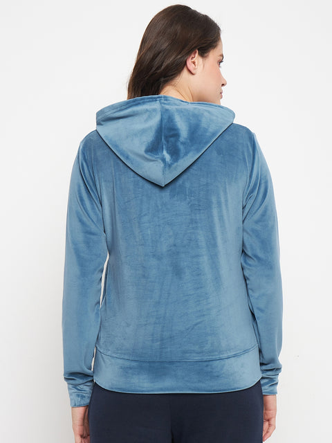 Women Solid Hooded Velvet Embroidered Winter Sweatshirt with 2 pockets